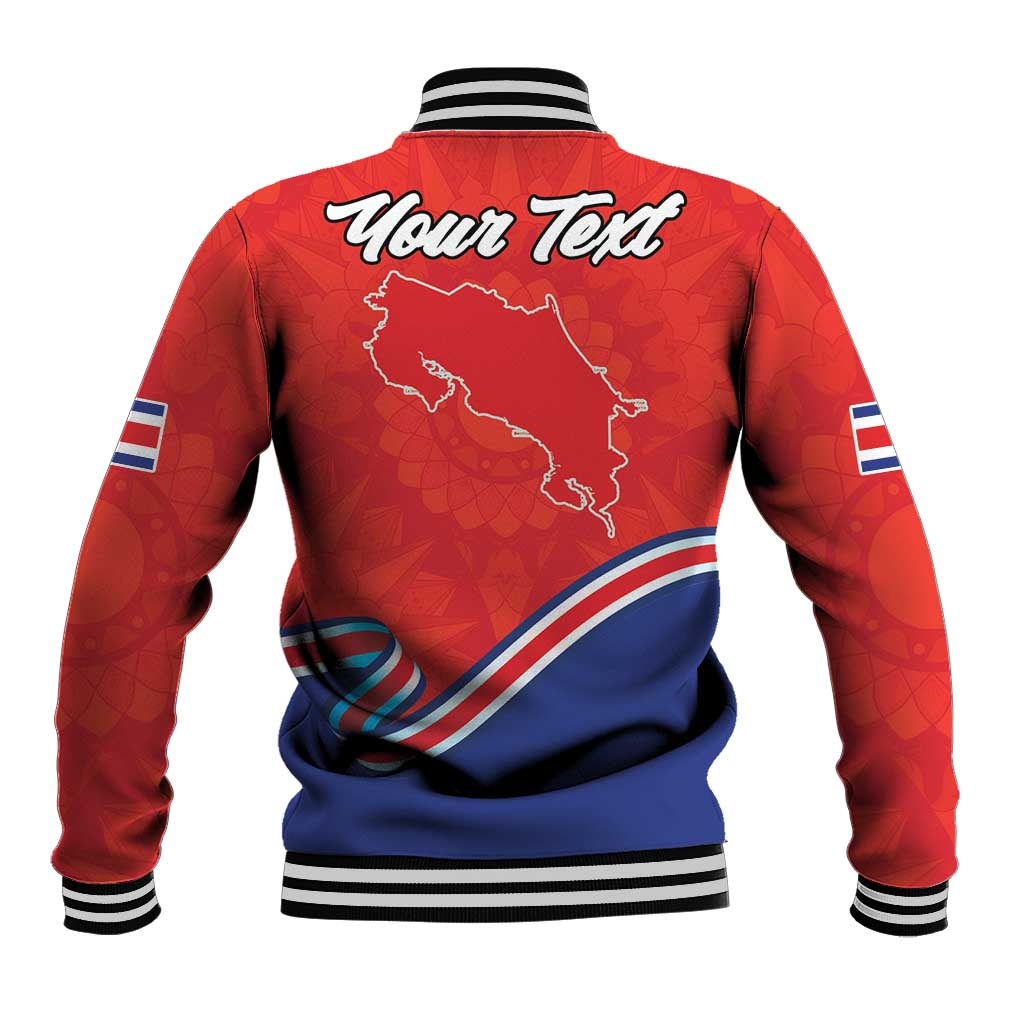 Red and blue baseball jacket back with 'Your Text', Costa Rica map outline, striped trim