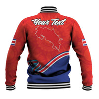 Red and blue baseball jacket back with 'Your Text', Costa Rica map outline, striped trim