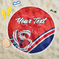 Personalized red round beach blanket with fringe and Costa Rica map folk dancer graphic