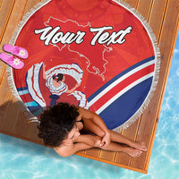 Personalized red round beach blanket with fringe, “Your Text” and Costa Rica folk art design