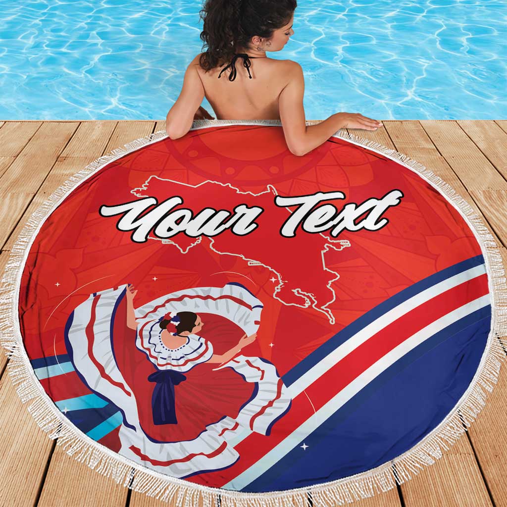 Personalized round beach blanket with fringe, red, blue, white folk dancer and map design