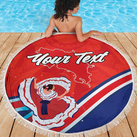 Personalized round beach blanket with fringe, red, blue, white folk dancer and map design