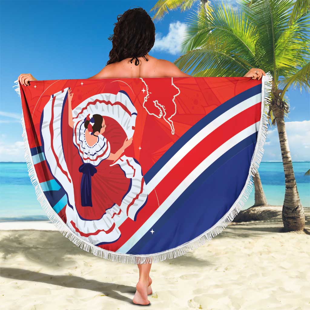Personalized round beach blanket with fringe featuring Costa Rica folk dancer graphic and map