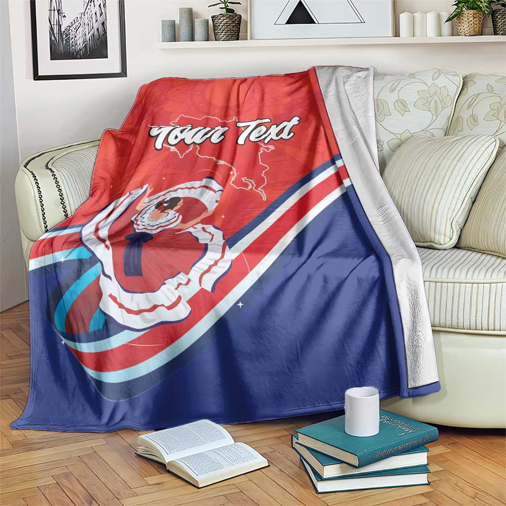 Personalized red and navy blue blanket with “Your Text” dancer and map graphic