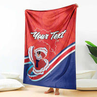 Personalized red and navy blanket with “Your Text” and Costa Rica dancer graphic