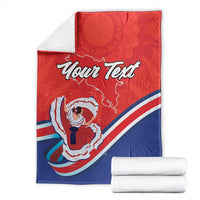 Personalized red and navy blue blanket with “Your Text” dancer design, folded set