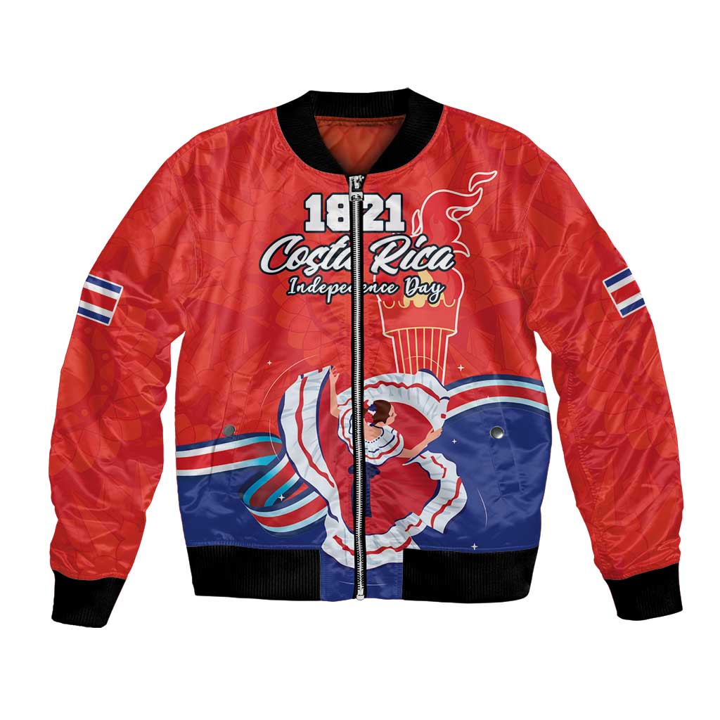 Red bomber jacket with 1821 Costa Rica Independence Day patch, waving flag graphic.