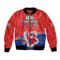 Red bomber jacket with 1821 Costa Rica Independence Day patch, waving flag graphic.