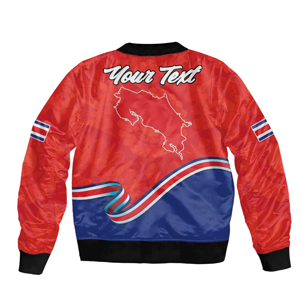 Red bomber jacket with Your Text graphic, Costa Rica map and flag waves.