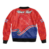 Red bomber jacket with Your Text graphic, Costa Rica map and flag waves.