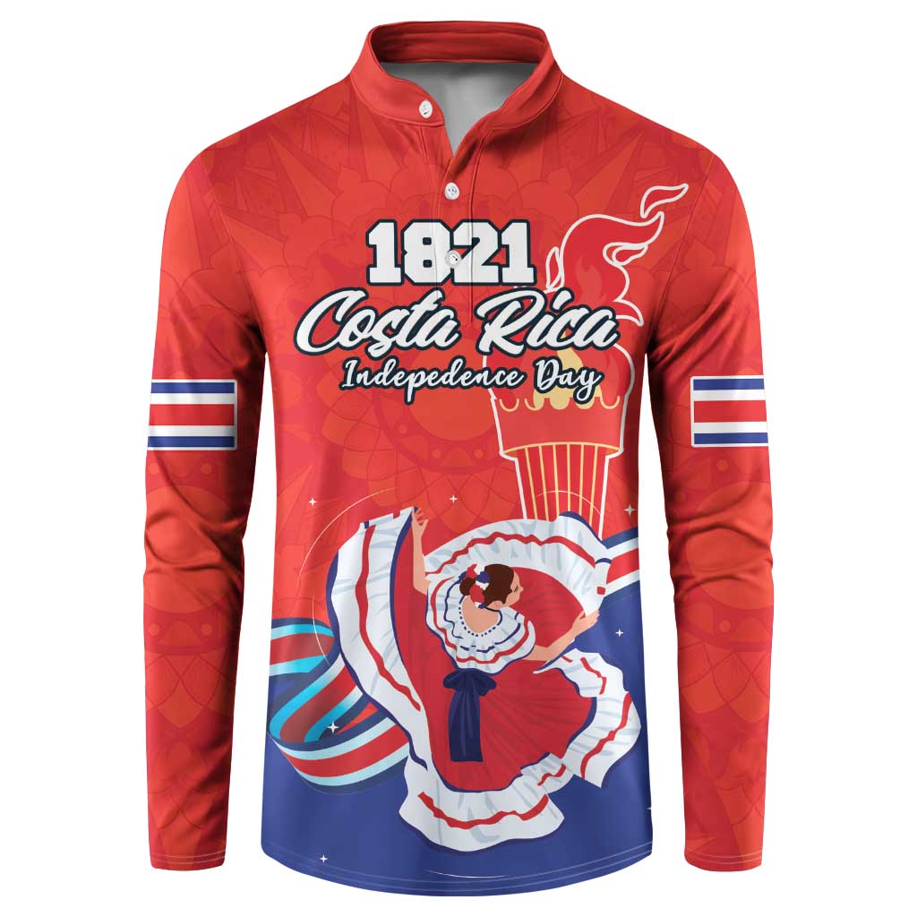 Red button-front long-sleeve sweatshirt with Costa Rica independence graphic and 1821 print