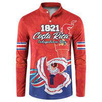 Red button-front long-sleeve sweatshirt with Costa Rica independence graphic and 1821 print
