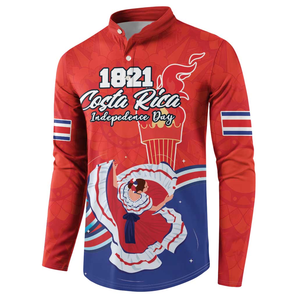 Red button-front sweatshirt with 1821 Costa Rica Independence Day logo and dancer artwork