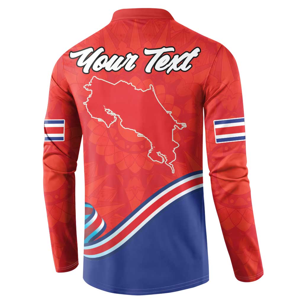 Red back button-front sweatshirt with Costa Rica map and Your Text lettering, flag sleeve patches