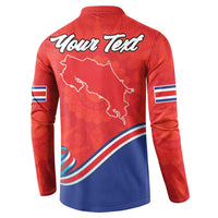 Red back button-front sweatshirt with Costa Rica map and Your Text lettering, flag sleeve patches