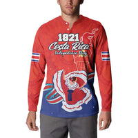 Red button-front long-sleeve sweatshirt with Costa Rica independence graphic and sleeve flag patches