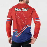 Red back button-front sweatshirt with Costa Rica map, Your Text, and blue-white curved flag stripe