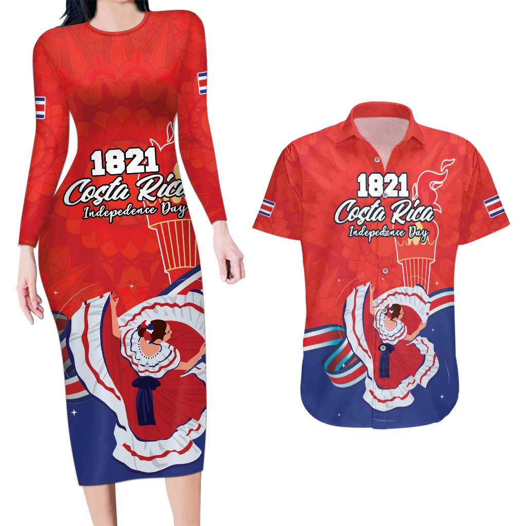 Personalized Costa Rica Independence Day Since 1821 Couples Matching Long Sleeve Bodycon Dress and Hawaiian Shirt Folk Dancer with Folk Art Pattern - Wonder Print Shop