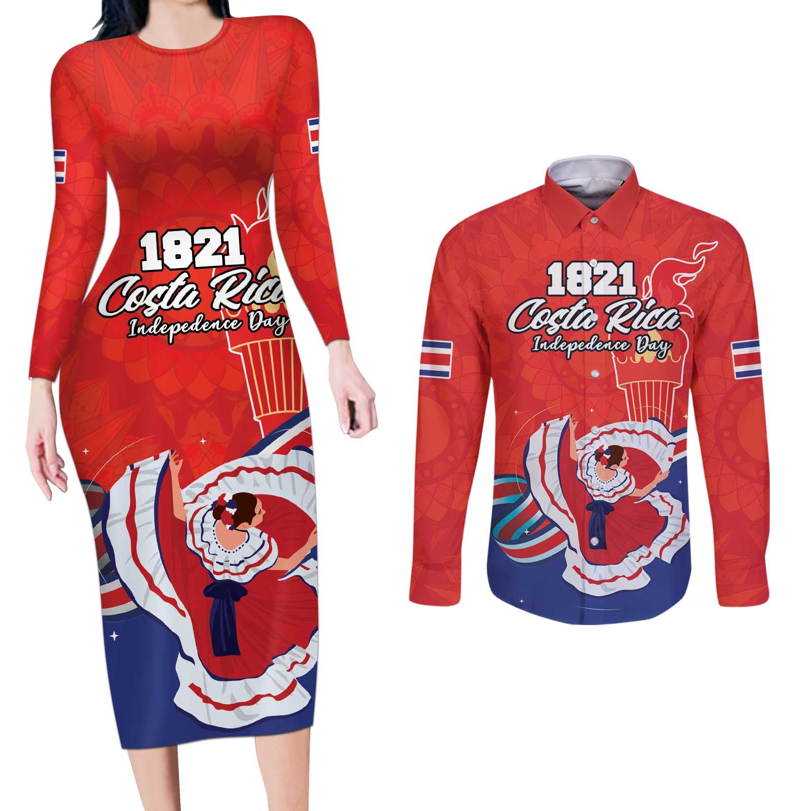 Personalized Costa Rica Independence Day Since 1821 Couples Matching Long Sleeve Bodycon Dress and Long Sleeve Button Shirt Folk Dancer with Folk Art Pattern - Wonder Print Shop