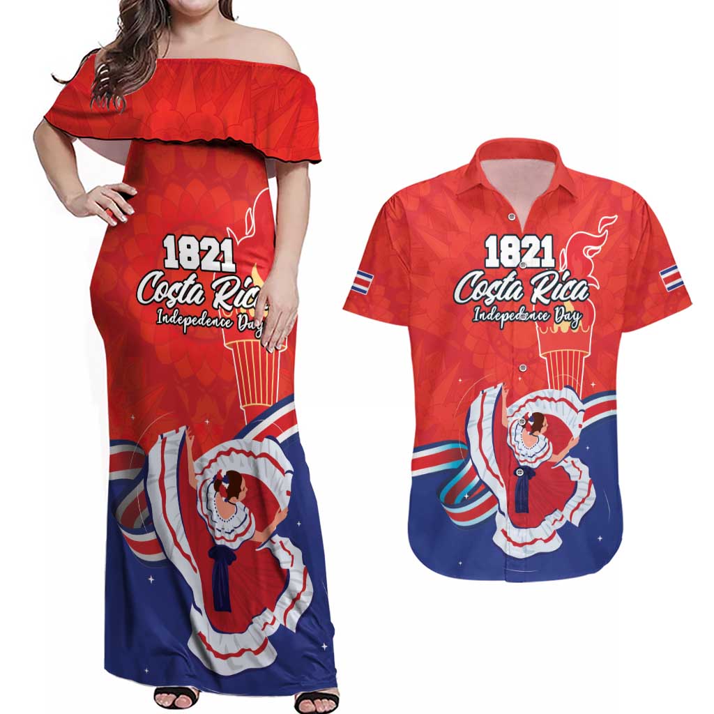 Personalized Costa Rica Independence Day Since 1821 Couples Matching Off Shoulder Maxi Dress and Hawaiian Shirt Folk Dancer with Folk Art Pattern - Wonder Print Shop