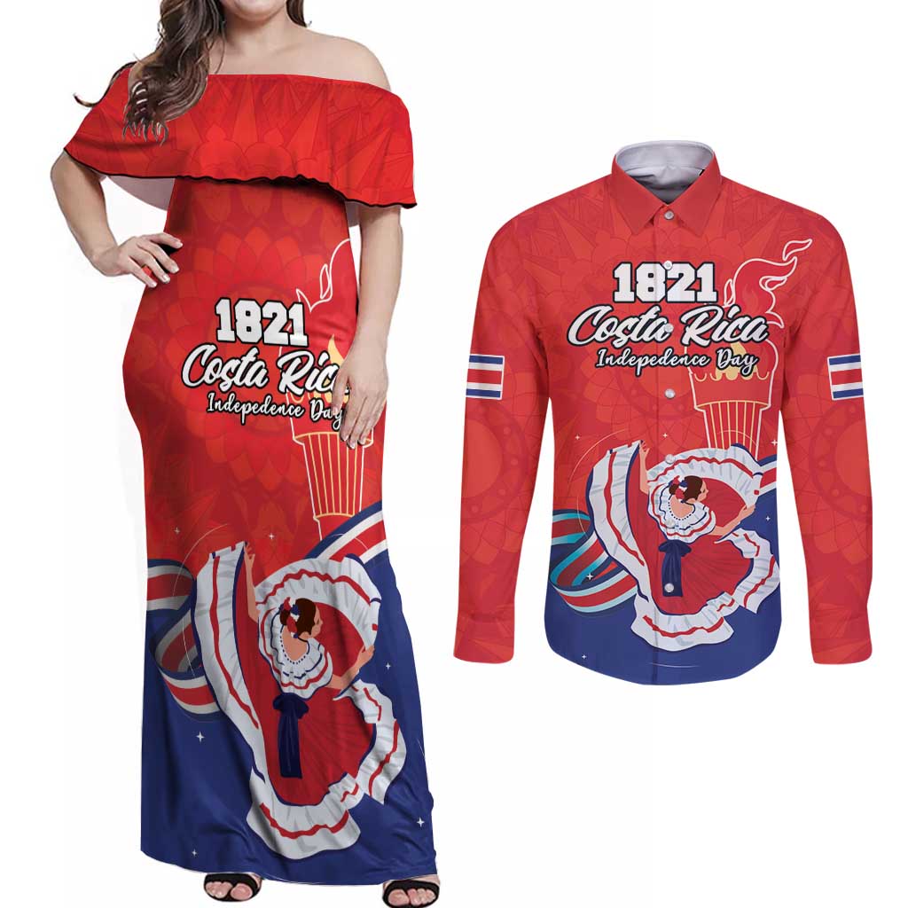 Personalized Costa Rica Independence Day Since 1821 Couples Matching Off Shoulder Maxi Dress and Long Sleeve Button Shirt Folk Dancer with Folk Art Pattern - Wonder Print Shop