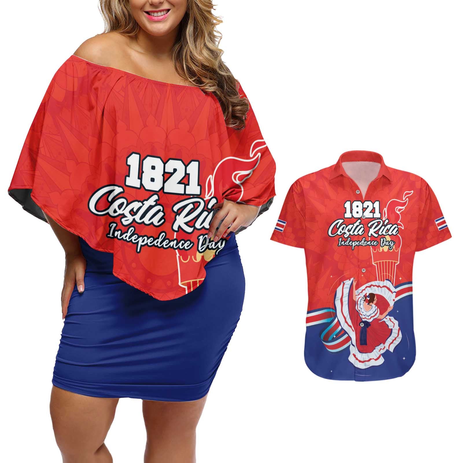 Personalized Costa Rica Independence Day Since 1821 Couples Matching Off Shoulder Short Dress and Hawaiian Shirt Folk Dancer with Folk Art Pattern - Wonder Print Shop