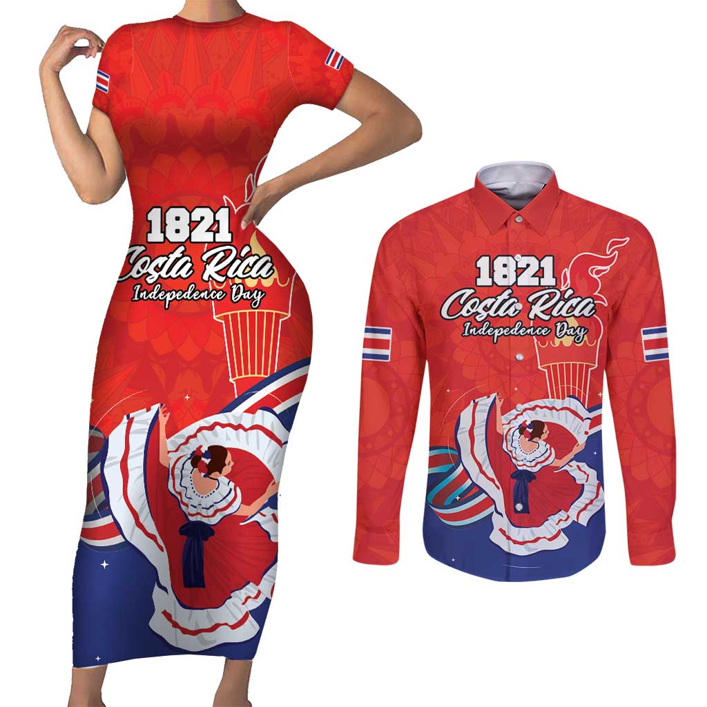 Personalized Costa Rica Independence Day Since 1821 Couples Matching Short Sleeve Bodycon Dress and Long Sleeve Button Shirt Folk Dancer with Folk Art Pattern - Wonder Print Shop