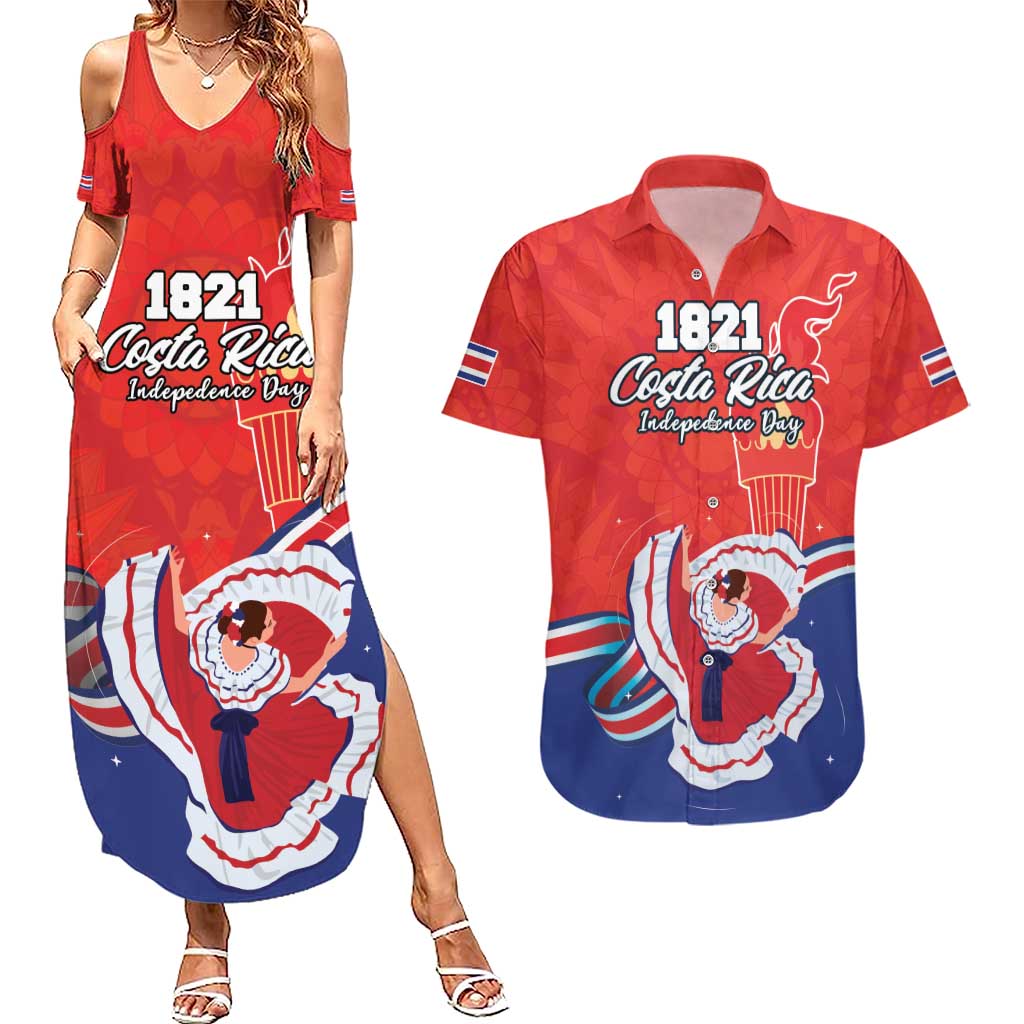 Personalized Costa Rica Independence Day Since 1821 Couples Matching Summer Maxi Dress and Hawaiian Shirt Folk Dancer with Folk Art Pattern - Wonder Print Shop