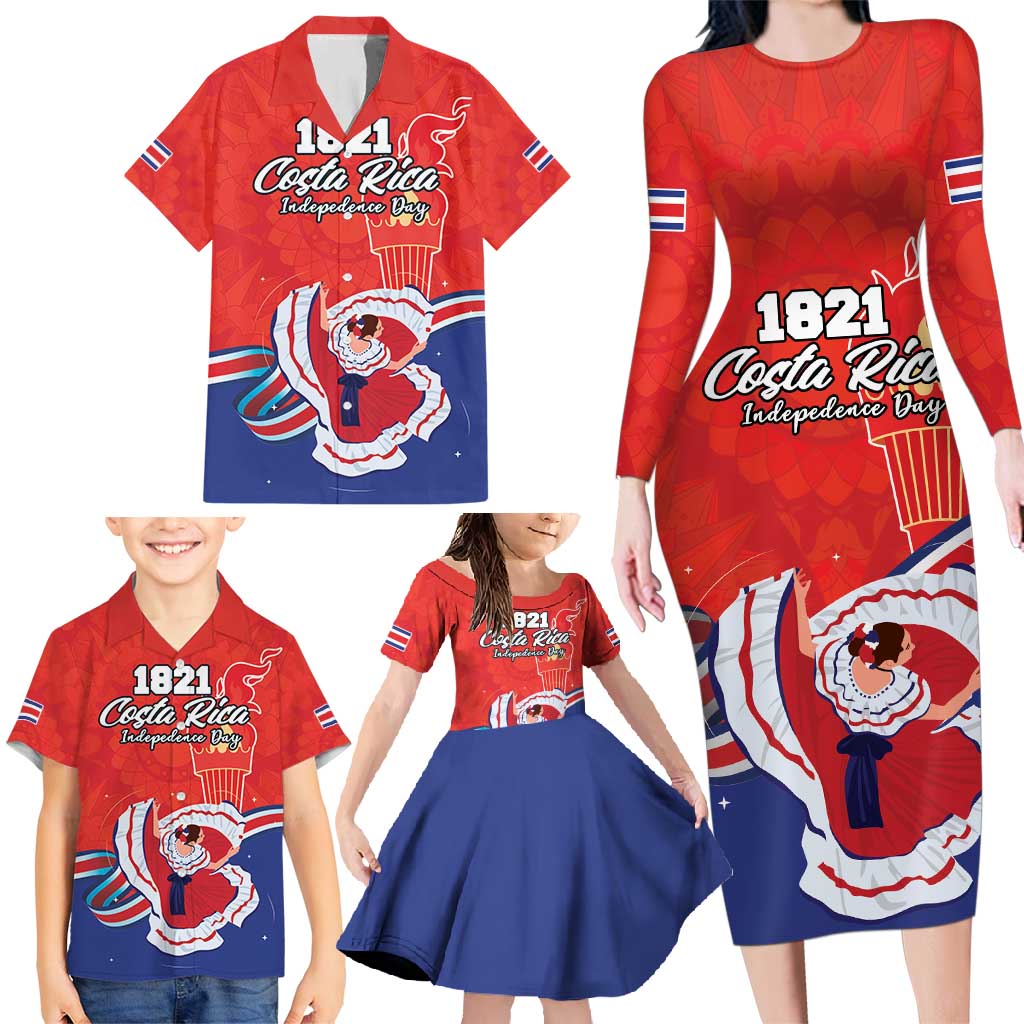 Personalized Costa Rica Independence Day Since 1821 Family Matching Long Sleeve Bodycon Dress and Hawaiian Shirt Folk Dancer with Folk Art Pattern - Wonder Print Shop