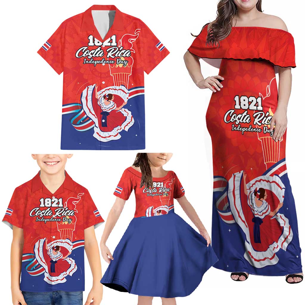 Personalized Costa Rica Independence Day Since 1821 Family Matching Off Shoulder Maxi Dress and Hawaiian Shirt Folk Dancer with Folk Art Pattern - Wonder Print Shop