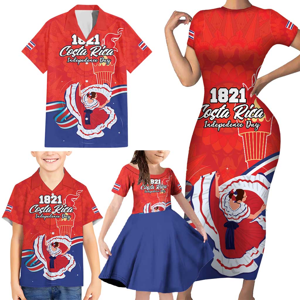 Personalized Costa Rica Independence Day Since 1821 Family Matching Short Sleeve Bodycon Dress and Hawaiian Shirt Folk Dancer with Folk Art Pattern - Wonder Print Shop