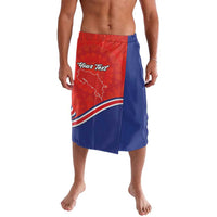 Personalized lavalava skirt with red and blue panels and front graphic map