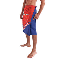 Red-and-blue personalized lavalava skirt with wrap front and side seam