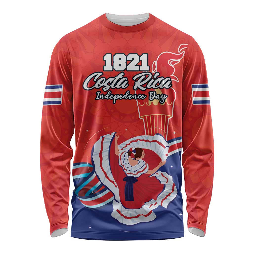 Personalized Costa Rica Independence Day Since 1821 Long Sleeve Shirt Folk Dancer with Folk Art Pattern - Wonder Print Shop