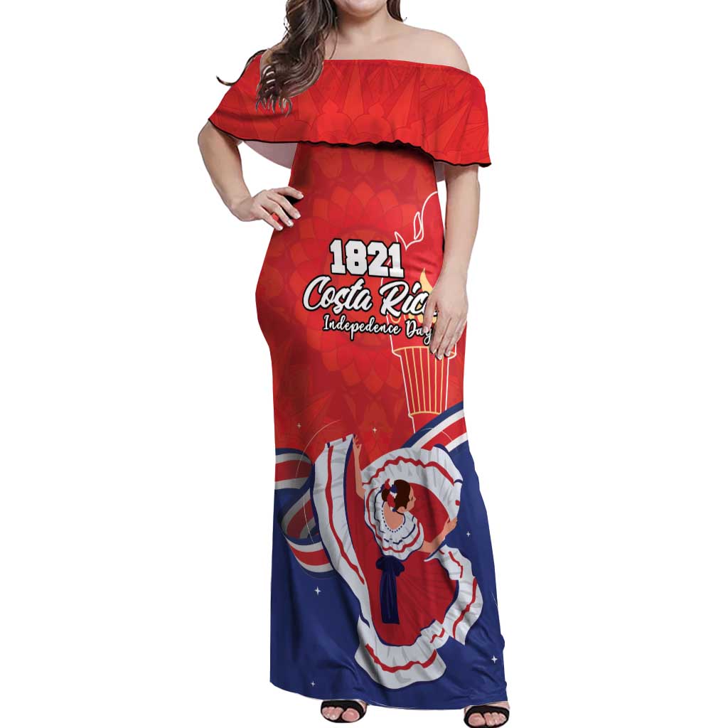 Personalized Costa Rica Independence Day Since 1821 Off Shoulder Maxi Dress Folk Dancer with Folk Art Pattern - Wonder Print Shop