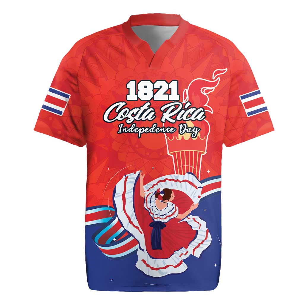 Personalized Costa Rica Independence Day Since 1821 Rugby Jersey Folk Dancer with Folk Art Pattern - Wonder Print Shop