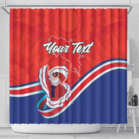 Red shower curtain with 'Your Text' headline, dancer artwork, and blue-white-red stripe