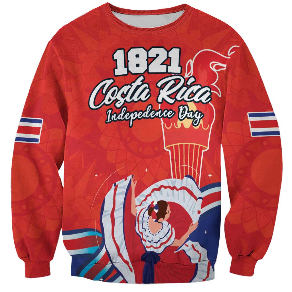 Red unisex sweatshirt with 1821 Costa Rica Independence Day print and folk dancer