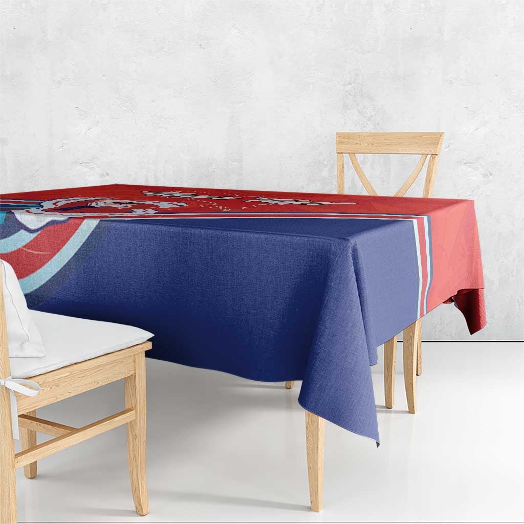 Personalized tablecloth corner view, red edge and blue center with dancer artwork