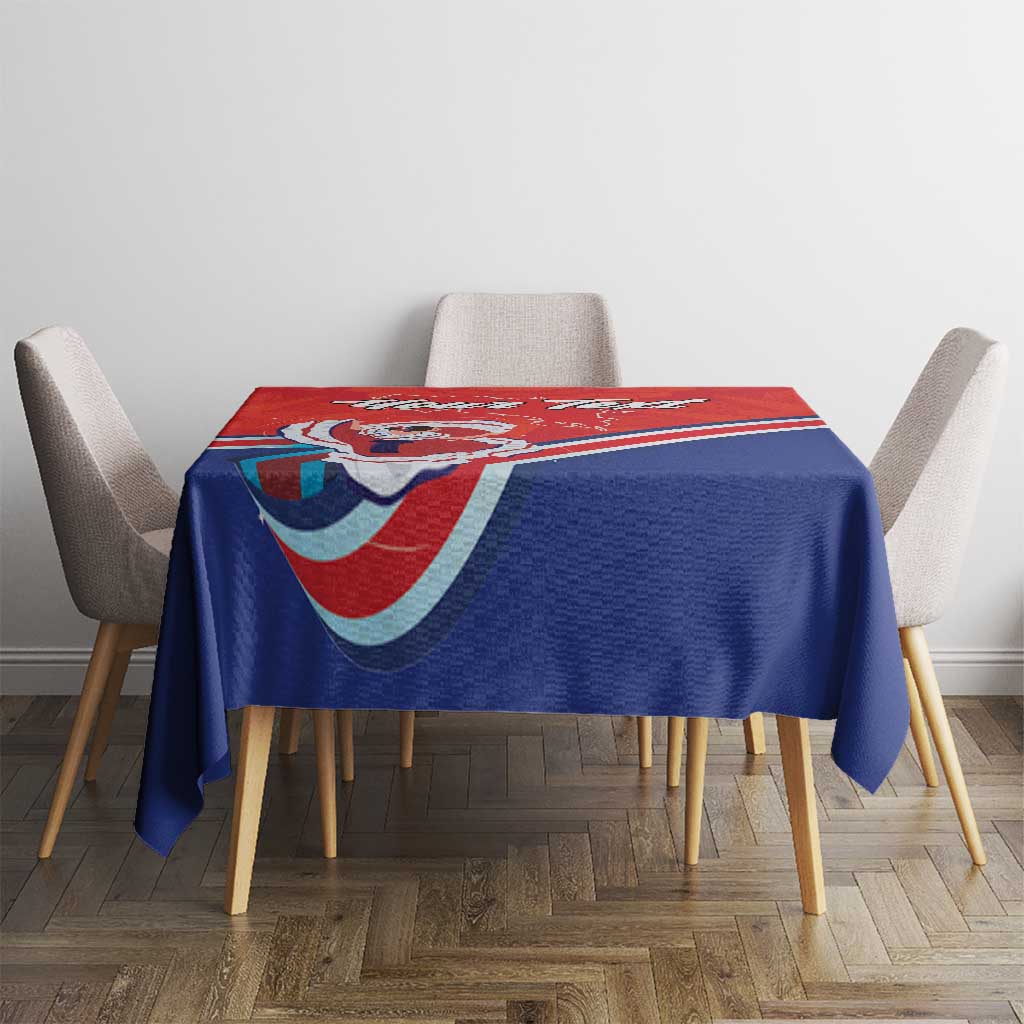 Personalized red, blue tablecloth with folk dancer graphic and flag-like stripes