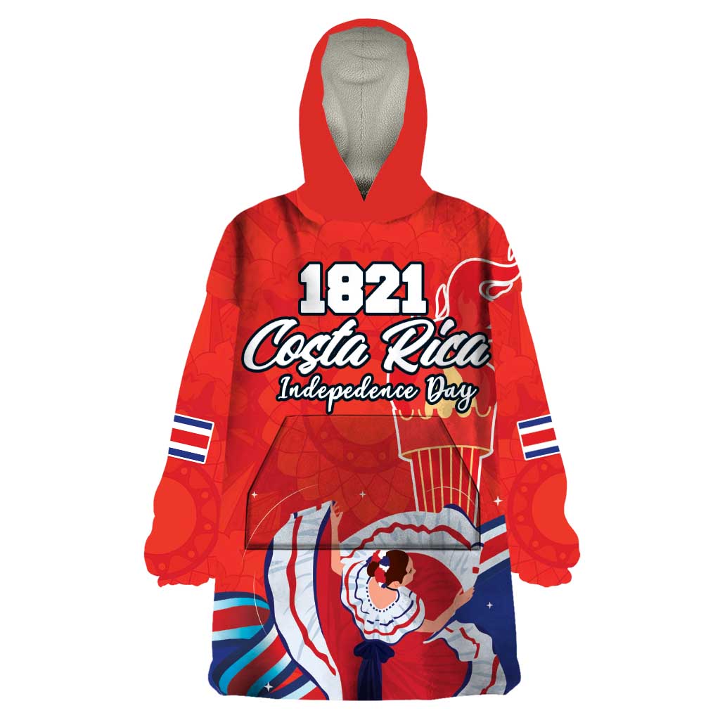 Personalized Costa Rica Independence Day Since 1821 Wearable Blanket Hoodie Folk Dancer with Folk Art Pattern - Wonder Print Shop