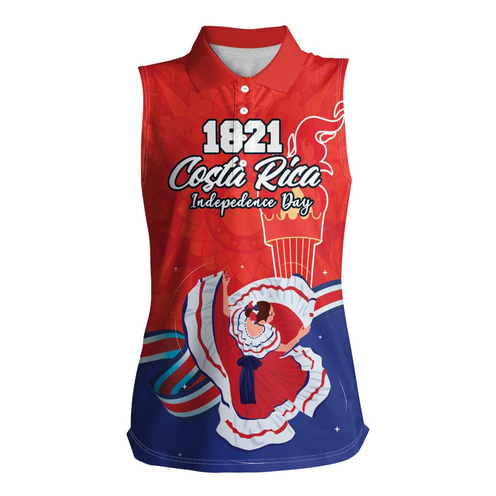 Personalized Costa Rica Independence Day Since 1821 Women Sleeveless Polo Shirt Folk Dancer with Folk Art Pattern - Wonder Print Shop