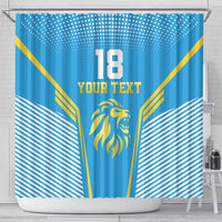 Blue shower curtain with gold lion emblem, '18 YOUR TEXT' center, striped edges
