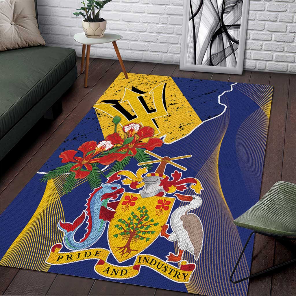 Barbados Coat Of Arms Area Rug With Dwarf Poinciana Flowers - Wonder Print Shop