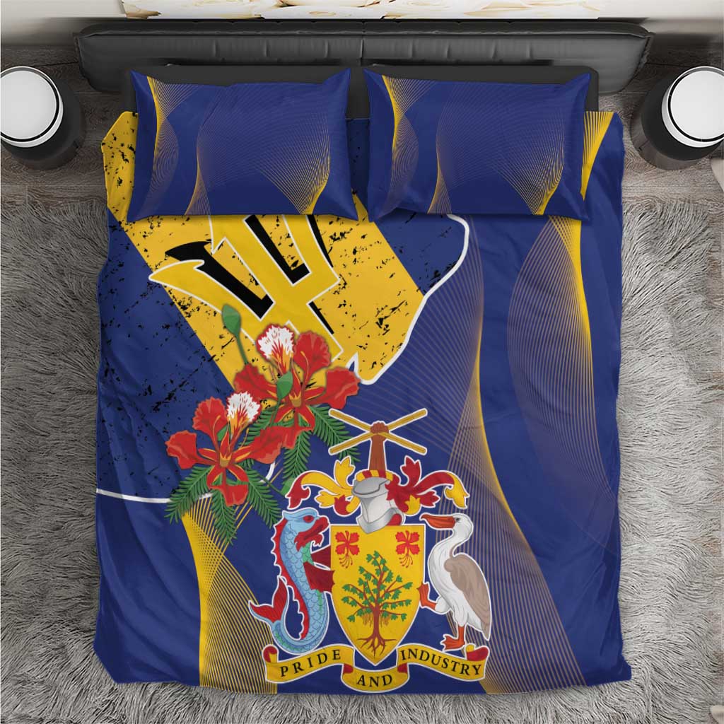 Blue bedding set close-up showing Barbados crest, yellow map, red flowers, and two matching pillowcases.