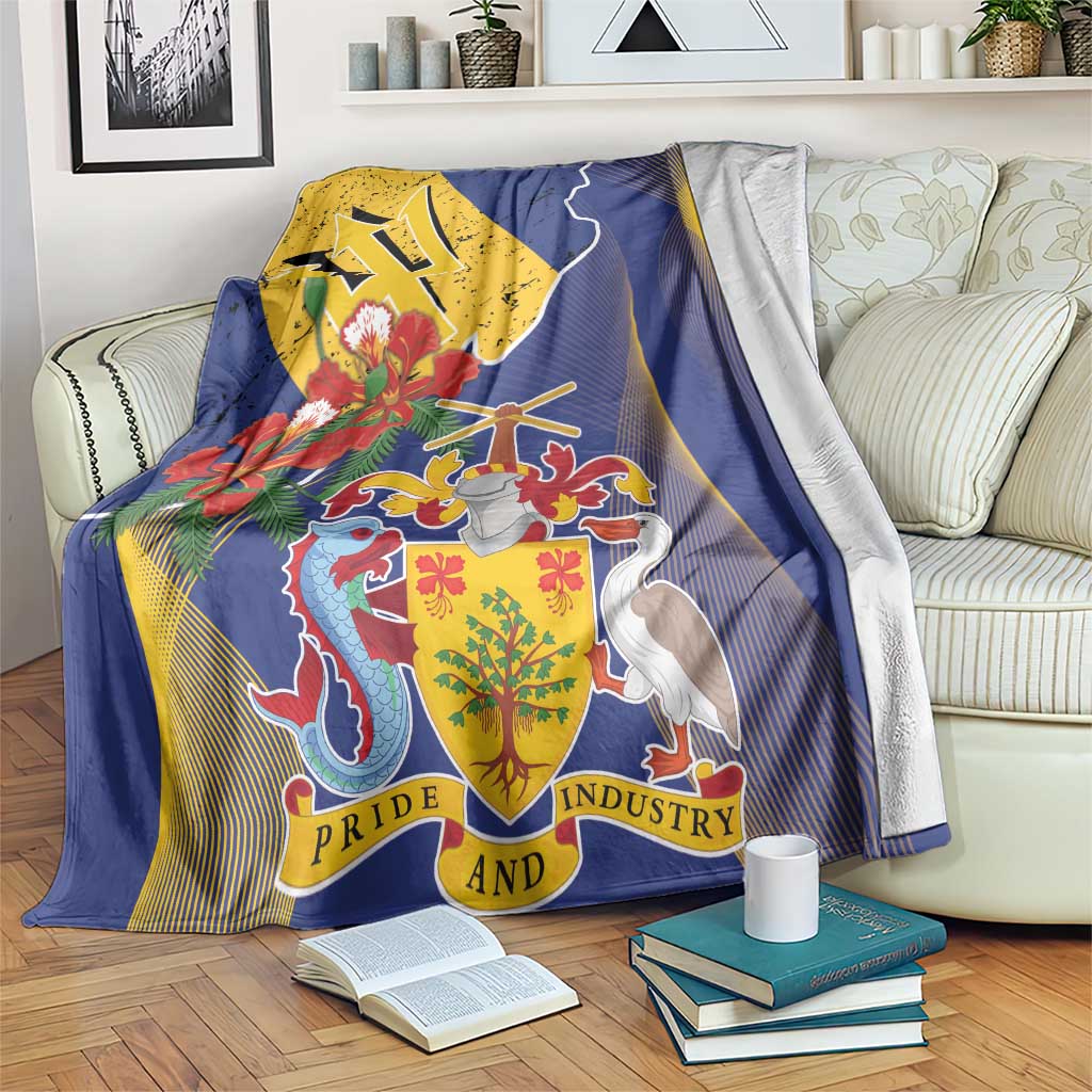 Blue Barbados coat of arms blanket with dwarf poinciana flowers and horse emblem
