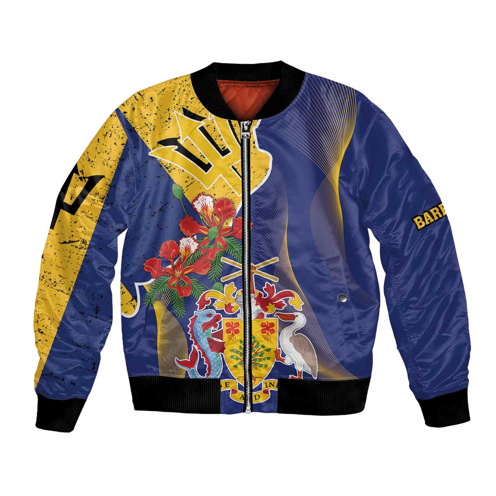 Barbados Coat Of Arms Bomber Jacket With Dwarf Poinciana Flowers - Wonder Print Shop