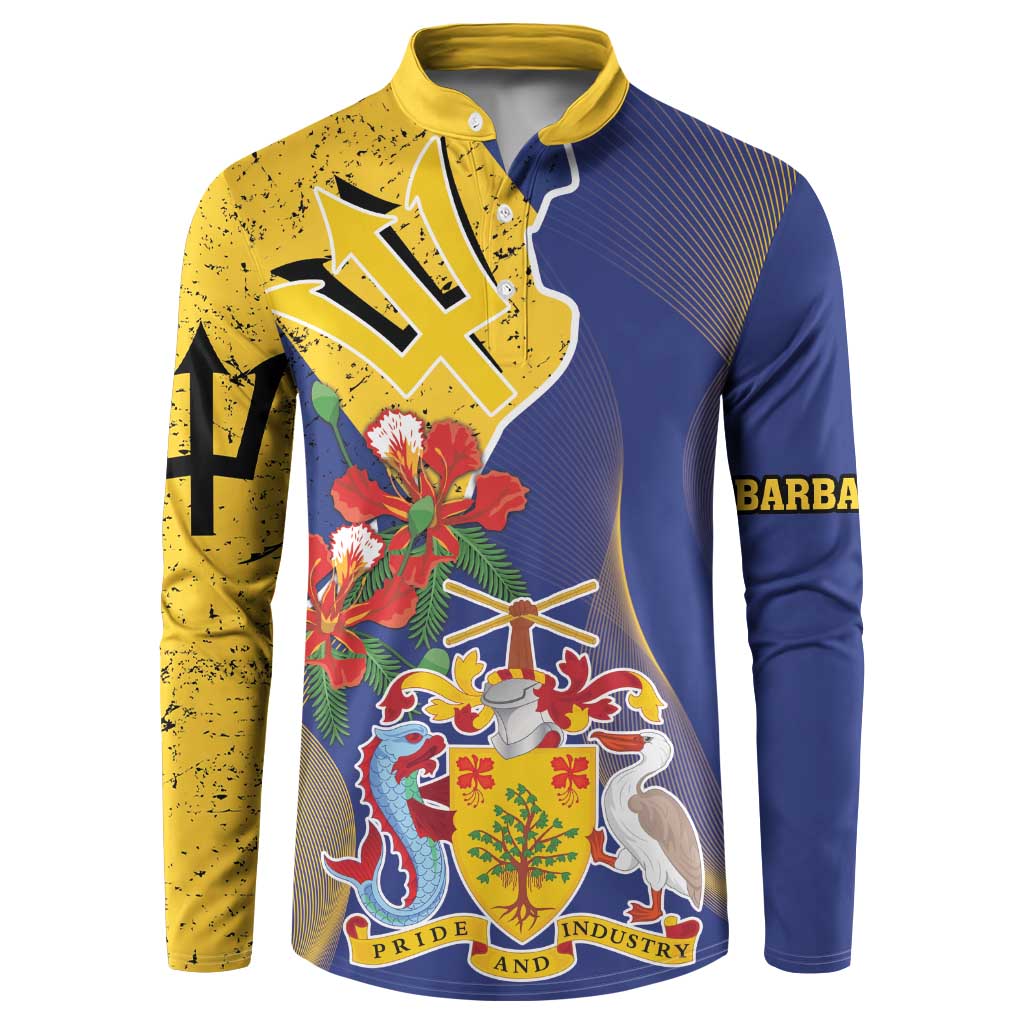 Blue and yellow button sweatshirt with henley collar, coat of arms and floral graphics