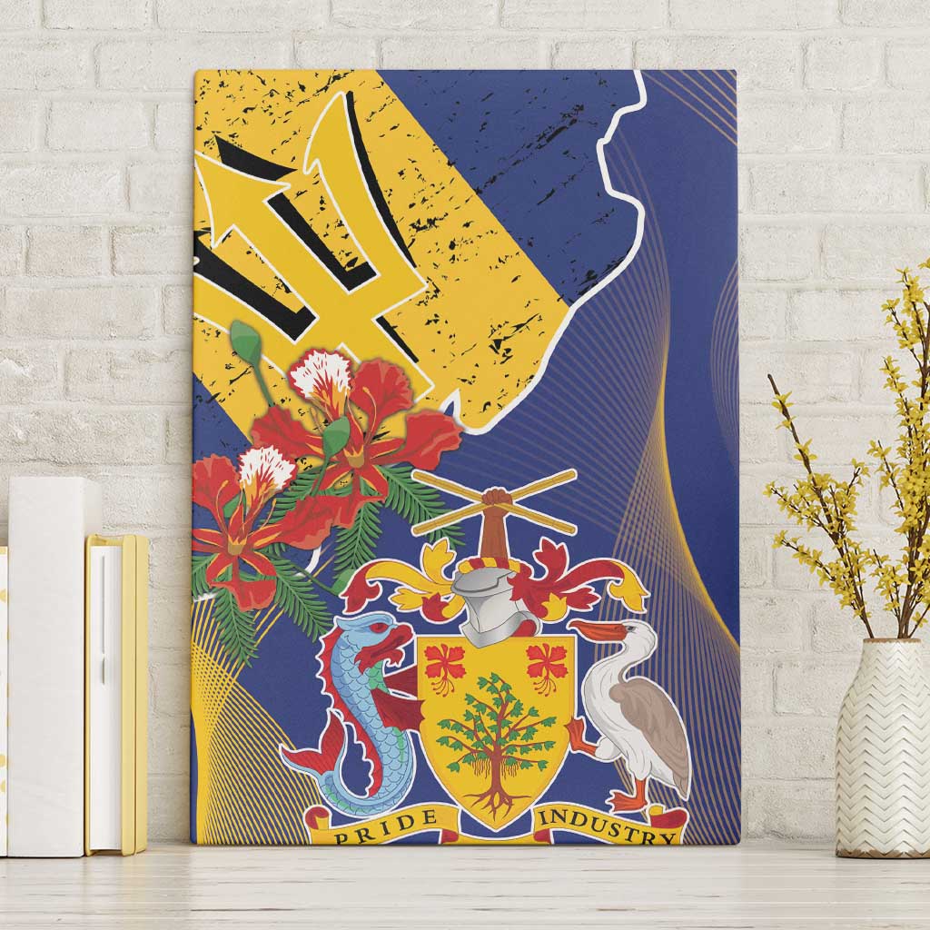 Barbados Coat Of Arms Canvas Wall Art With Dwarf Poinciana Flowers - Wonder Print Shop