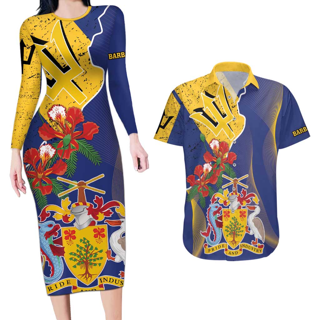 Barbados Coat Of Arms Couples Matching Long Sleeve Bodycon Dress and Hawaiian Shirt With Dwarf Poinciana Flowers - Wonder Print Shop